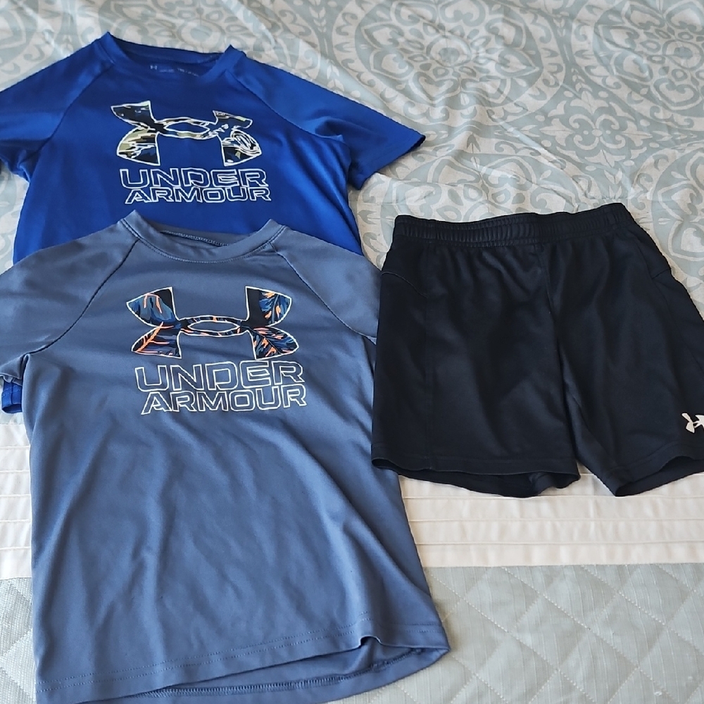 Under Armour Blue and Gray T-Shirts with Black Shorts